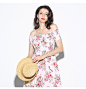 GUESS 2018新款夏季女士印花一字肩中长款连衣裙-Q81K18R02F2-tmall.com天猫