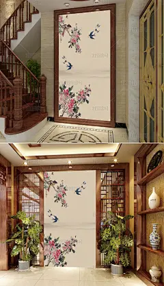 新中式手绘玉兰花鸟玄关背景装饰画