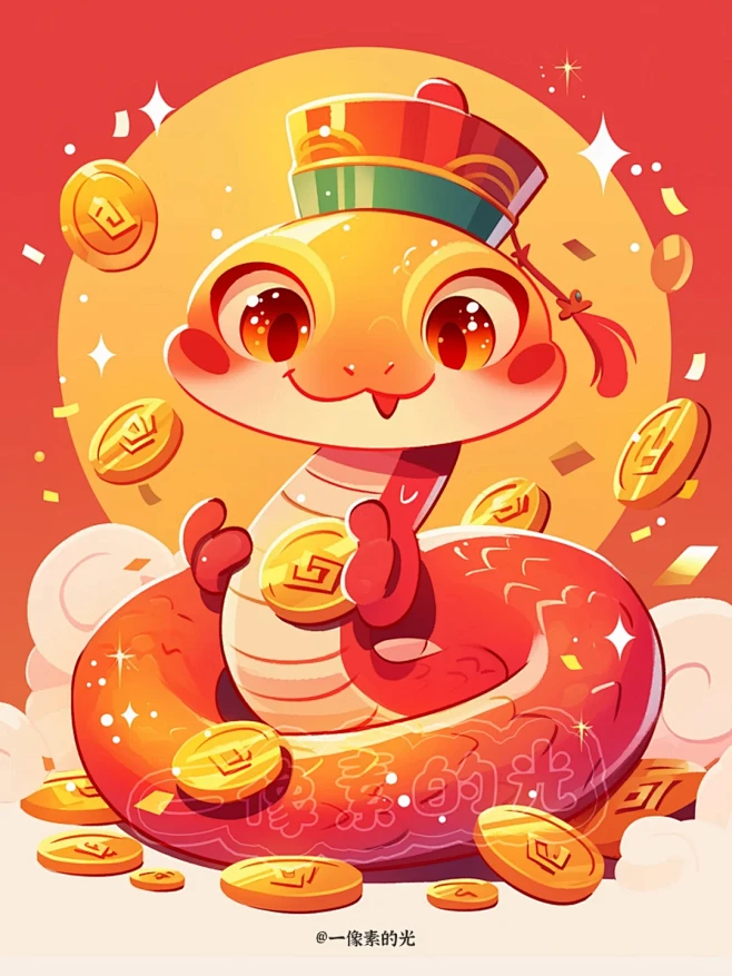 2025蛇年卡通插画-拿着金币的戴财神帽...
