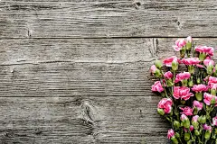 木桌上放春花束，木桌上放花，俯视图，平铺