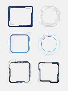 六个不同配色、不同样式的科技边框设计，白色背景，排列整齐，包含矩形、圆形等多种几何形状边框，线条流畅，带有未来感的线条装饰和细节纹路，设计简洁现代，具有强烈的科技感和设计感，视觉层次分明，信息传达清晰，适合作为科技产品界面或海报的装饰元素。