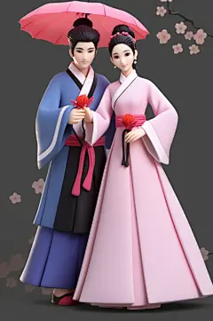 AI数字艺术国风汉服情侣七夕牛郎织女模型