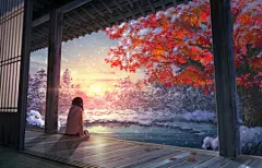 女孩子 风景 外廊 冬景色 夕阳 晚霞 4k动漫壁纸