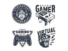 Vintage monochrome gaming logo templates created by DGIM Studio. You can use these old school style emblems for patches, labels, signs, symbols, stickers, badges, pins, bags, caps, apparel design. Download gaming logo templates on our website. #gaming #lo