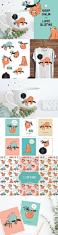 可爱的树懒图标、卡片、图案 Cute sloths icons, cards, patterns