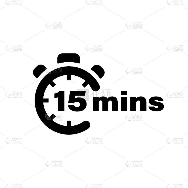 15分钟矢量图标。时间左符号孤立。秒表黑的迹象。向量EPS 10