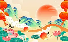 中国风山川湖景国潮风景插画矢量图设计素材