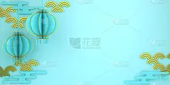 新年快乐背景，蓝色粉彩和金灯笼灯花剪纸。中国节庆喜庆发菜的设计创意理念。3 d渲染插图。