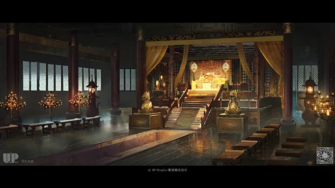 影视概念设计-气氛图-古装内景-皇宫-大殿-花瓣网