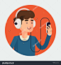 Vector modern flat design circle icon of casual clothed man wearing earphones listening music on his smart phone, red background | Cartoon character of music lover enjoying his favorite track