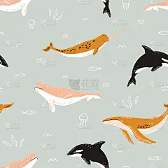 无缝可爱的图案与不同类型的鲸鱼(逆戟鲸或虎鲸，独角鲸，白鲸，sei，蓝色)，涂鸦藻类，鱼和水母。为儿