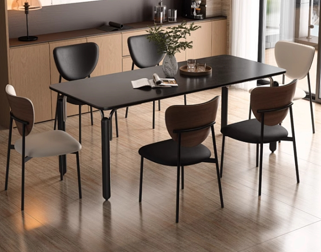 现代简约黑色极简岩板餐桌椅组合家用小户型...