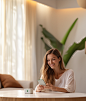 walterssaucedo_A_happy_woman_sits_at_the_table_with_her_phone_l_06e7b926-d517-498e-b855-06da2052757e