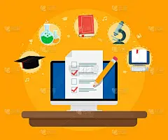 在线考试。在线表格调查屏幕显示器与设置元素知识图标。在线学习，在线教育，电子书。