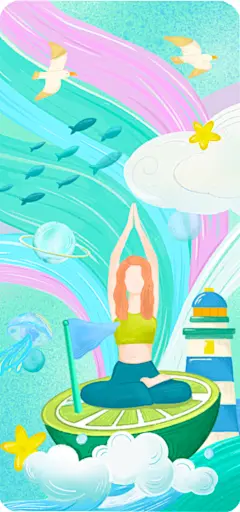 屏幕壁纸，陆地元素，灯塔、飞鸟、星星等形象和瑜伽动作人物结合。