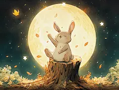 童话圆月可爱小兔颂月儿童插图卡通唯美手绘可爱古风插画壁纸