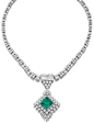 Emerald and diamond pendant necklace.     Designed as a detachable brooch/pendant set at the centre with a step-cut emerald within a border of circular-cut and tapered baguette diamonds, suspended from a necklace set with step-, brilliant-cut and baguette