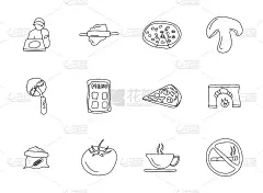 披萨店手绘线性矢量图标孤立在白色背景上。披萨店涂鸦图标设置为web和UI设计，移动应用程序和印刷产品
