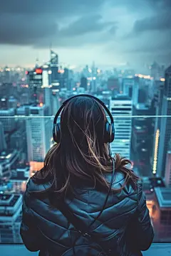 看城市灯光的年轻人背影