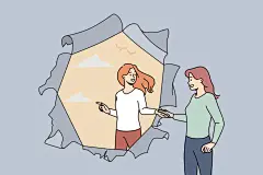透过破洞看向远方的朋友或风景的卡通插画