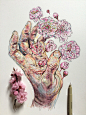 Colorful Studies of an Artist's Hands Layered With Flowers and Bees : Artist Noel Badges Pugh (previously) creates studies of his own hands mixed with drawings of flowers and bees, adding color to the works with both watercolor and India ink. Pugh often p