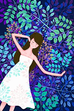 夏天躺在草地上的女孩插画