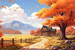 金秋枫叶红叶秋天秋季唯美风景插画
