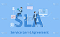 SLA，服务水平协议。概念表与关键字，字母和图标。彩色的平面矢量插图上的蓝色背景。