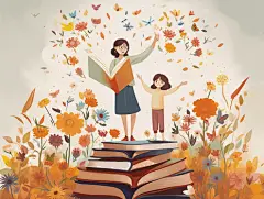 卡通手绘教师节插画夸张场景下人物嬉笑插画海报鲜花小孩儿童教育世界读书日