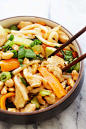 Blue Apron Stir-Fry Chicken with Udon - delightful and chewy udon noodles blend seamlessly with tender chicken and sauteed peppers and bok choy. It's all complete with garnishes of scallions and crunchy cashews | rasamalaysia.com