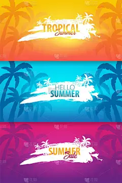 夏季热带背景设置与棕榈和日落。夏季标语牌海报传单邀请卡。夏季时间。向量