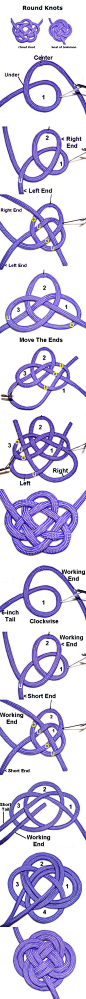 介绍两种圆结做法。左边的是云结Cloud Knot，右边是所罗门印结Seal of Solomon，也叫Flat Turks Head knot，两种都以约瑟芬结Josephine knot为基础。