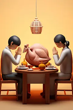 烤火鸡祈祷感恩节人物模型