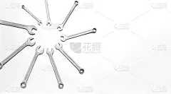 套扳手不同大小的白色背景与复制空间，文本地方。横幅与仪器套件，修理汽车在太阳形状。工具店名片。关闭了