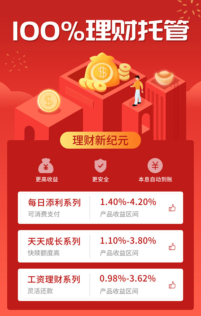 红色渐变卡通手绘2.5D金融理财手机海报