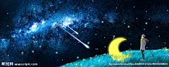流星天空插画卡通唯美月亮背景
