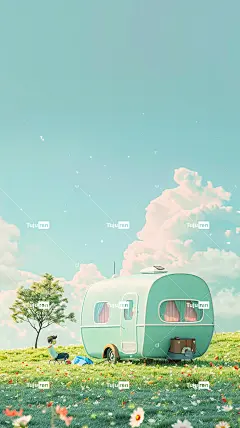 极简主义的电影海报，绿草上露营的车辆，旁边是一个小人，可爱的