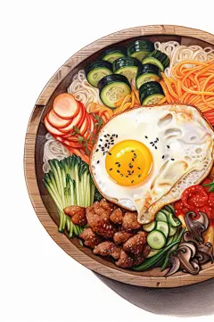 AI数字艺术卡通手绘韩国石锅拌饭美食插画-众图网