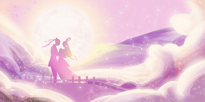 唯美梦幻粉色系手绘七夕剪影牛郎织女原创插...