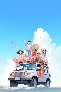 学生放暑假漫画风毕业旅游插画