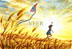 水彩画颜料,田地,风筝,小麦,女孩正版插画素材下载_ID:386803477 - Veer图库
