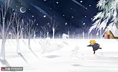 雪地雪兔冬日飘雪游玩女孩冬季插画 季节插画 冬季插画