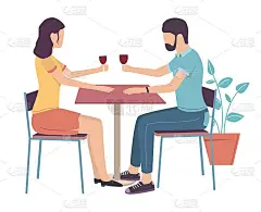 幸福的情侣在爱喝红酒坐在餐厅的桌子上，平面矢量插图。浪漫的约会。