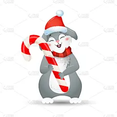 年的兔子。圣诞兔戴着圣诞帽，拿着棒棒糖。中国2023年新年的象征。矢量插图在卡通风格。设计元素贺卡，