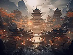 唯美古风动漫复古建筑廊亭植物山水云间插画中国古典建筑城楼游戏场景写实桌面壁纸古风背景
