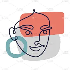 抽象的女性脸部轮廓。当代女性一线肖像上的彩色拼贴背景点，极简主义海报或印刷与女孩有机多彩的形状。矢量