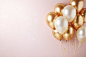 Gold balloons bunch on a pastel wall background. Horizontal banner