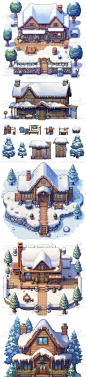 Q版卡通雪景素材 游戏场景雪地房屋建筑树木元素美术资源png透明