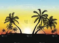 卡片与现实的棕榈树剪影在热带垃圾日落海滩的背景。