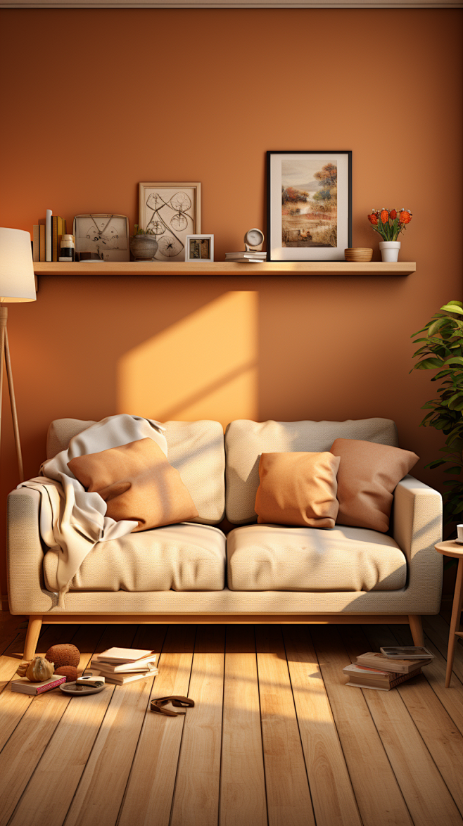 温暖温馨的客厅_客厅里有沙发_植物_墙壁...
